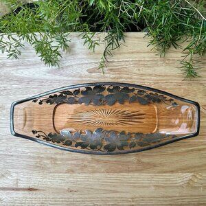 Vintage‎ Amber Glass Starburst Relish Dish Gray Floral Design Oval Shape 11.5" L
